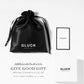GLUCK(グルック)のGeminiリング用ギフトラッピングセット。黒い巾着袋、白いギフトボックス、ブランドロゴ入りショップカードが並ぶ様子